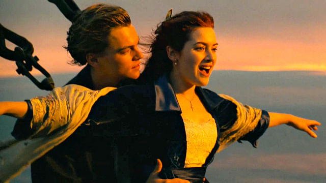 Leonardo DiCaprio and Kate Winslet in a scene from <i>Titanic</i>