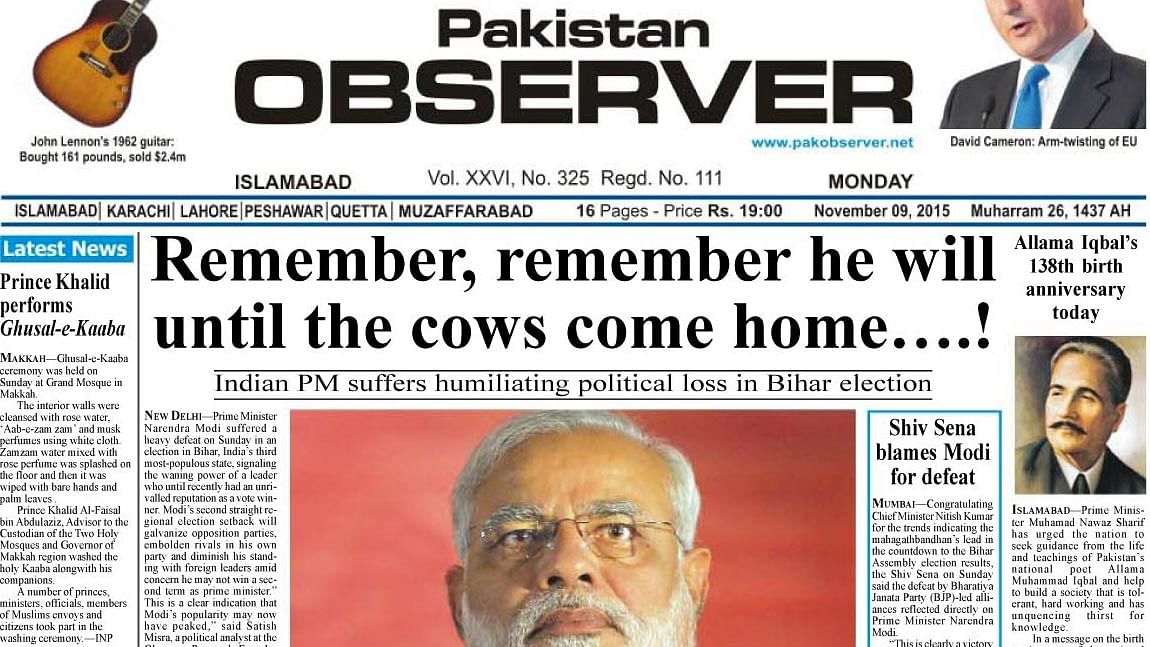 The front page of the Pakistan Observer. (Screengrab Courtesy: <a href="http://epaper.pakobserver.net/201511/09/index.php">Pakistan Observer</a>)