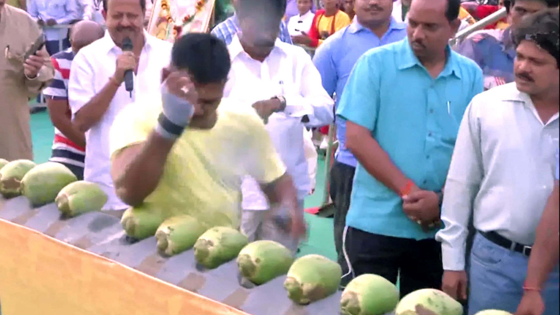 Keshab Swain smashed 92 green coconuts using nothing but his bare elbow, in less than a minute. (Photo: AP screengrab)