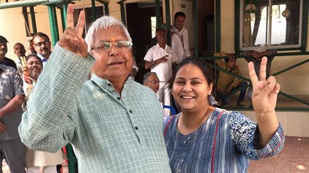 Misa Bharti with father Lalu Prasad Yadav at their 10 Circular Road residence in Patna after the Bihar election results. (Photo Courtesy: Misa Bharti’s Facebook page)