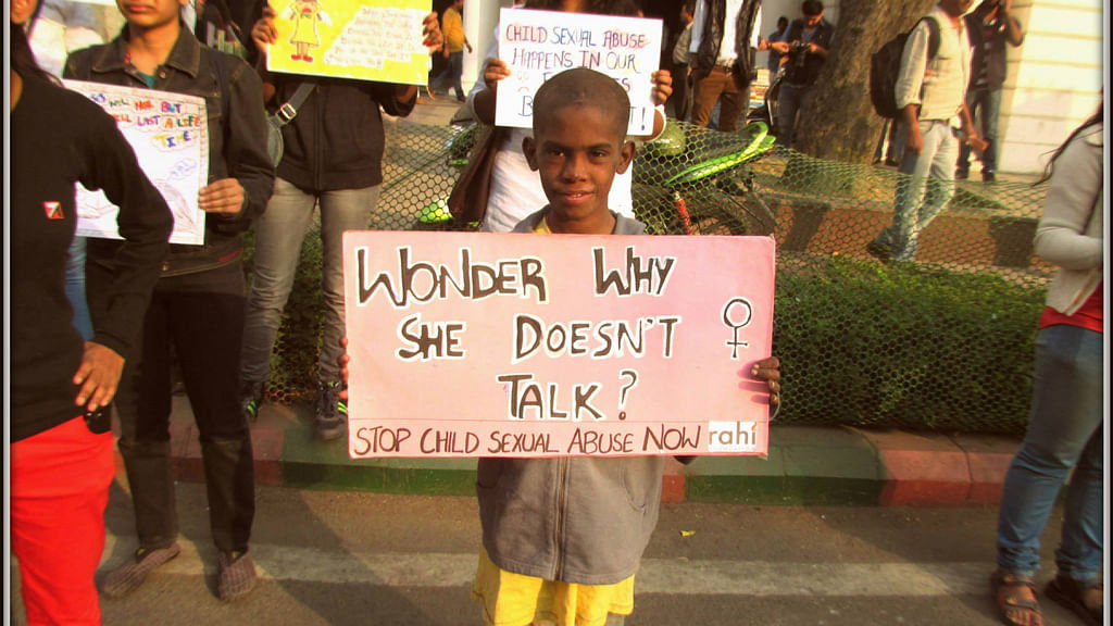 A child participates in RAHI’s rally against child sexual abuse in Delhi. (Photo Courtesy: Facebook/<a href="https://www.facebook.com/RAHI-Foundation-100295246706886/photos_stream">RAHI</a>)