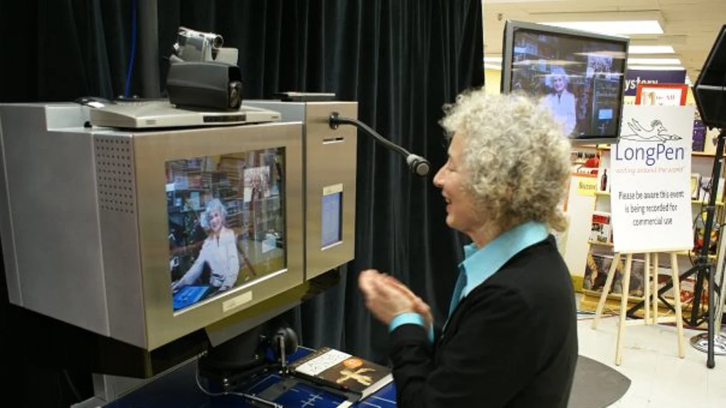 Margaret Atwood chats via LongPen with friend and fellow novelist Alice Munro.