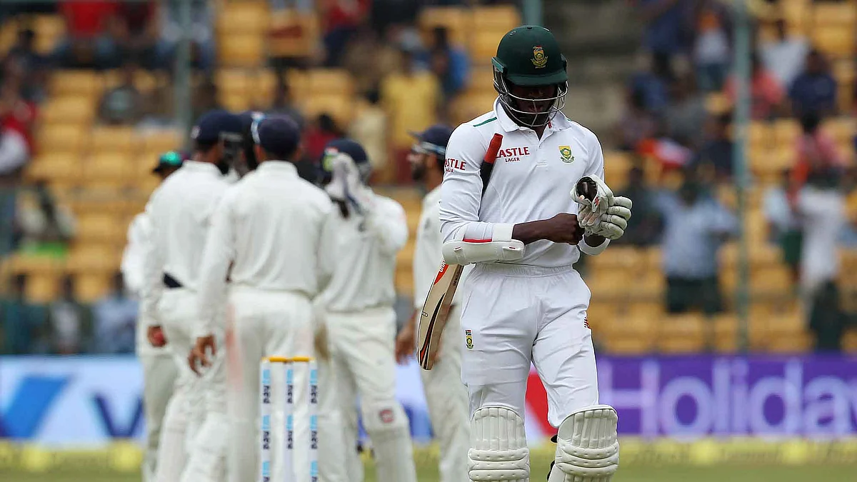 Kagiso Rabada of South Africa departs for a duck. (Photo: Ron Gaunt / BCCI / SPORTZPICS)