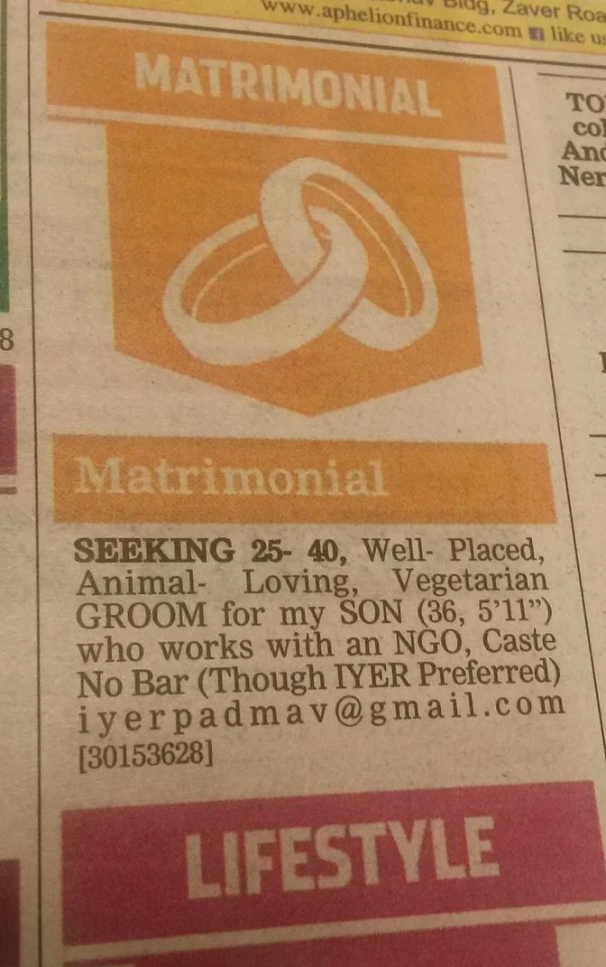 The matrimonial ad as it appeared in <i>Mid-Day</i>. (Photo Courtesy: Screenshot of the newspaper)
