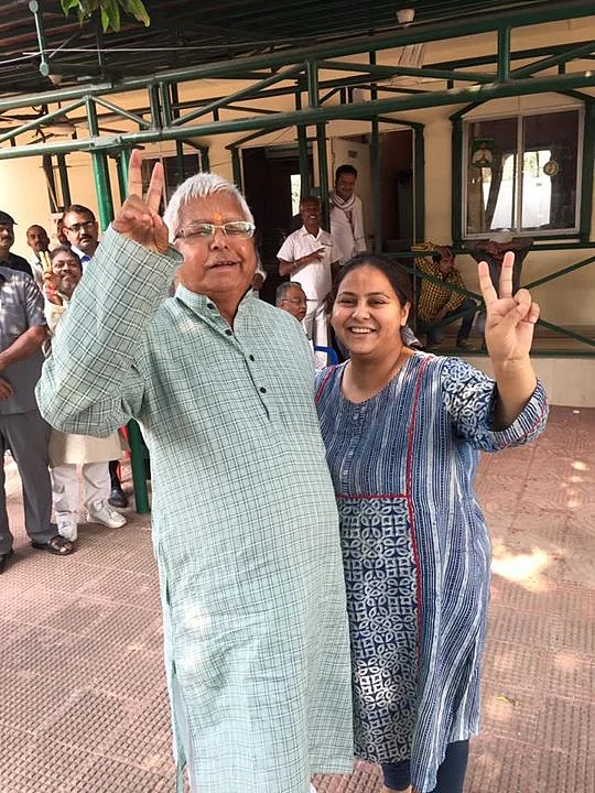 Misa Bharti is considered to be extremely close to father Lalu Prasad Yadav. Seen here at their 10 Circular Road residence in Patna after the Bihar election results. (Misa Bharti’s Facebook page.)