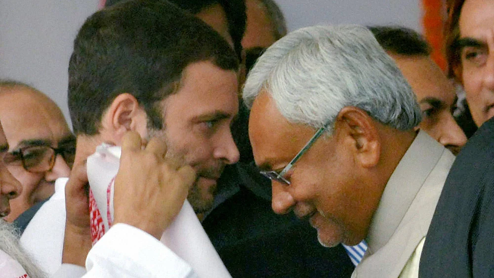 Congress Vice President Rahul Gandhi greets Chief Minister Nitish Kumar during the latter’s swearing-in ceremony at Gandhi Maidan in Patna, November 20, 2015. (Photo: PTI)