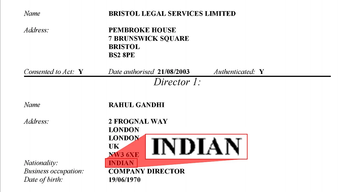The incorporation document lists Rahul Gandhi as an Indian.
