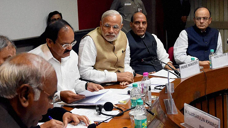 Prime Minister Narendra Modi, Home Minister Rajnath Singh, Union Finance Minister Arun Jaitley, Parliamentary Affairs Minister M Venkaiah Naidu at a meeting a day before the Parliament’s winter session at Parliament House, New Delhi. (Photo: PTI)