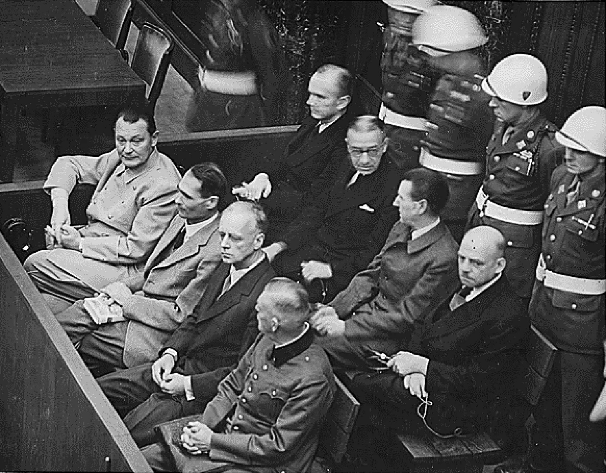 Nazi defendants (L-R front row) Hermann Goering, Rudolf Hess, Joachim von Ribbentrop and Wilhelm Keitel sit in the dock of their war crimes trial at Nuremberg circa 1945-1946. (Photo: Reuters)