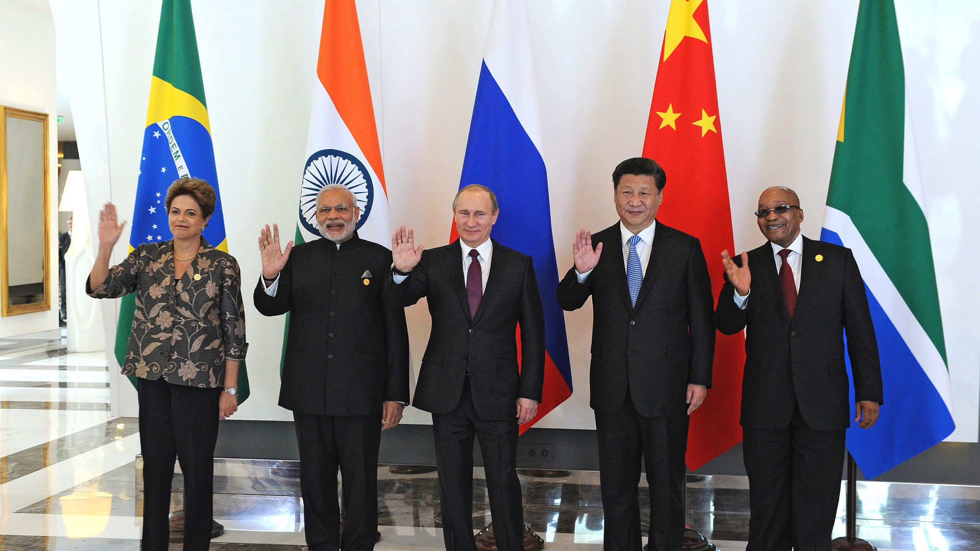 In a file photo, Narendra Modi (second from left) and other heads of state of BRICS countries.&nbsp;