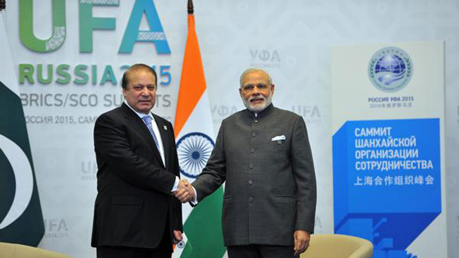 Pakistan Prime Minister Nawaz Sharif and Indian Prime Minister Narendra Modi in Ufa, Russia at the SCO Summit in July. (Photo: Reuters)&nbsp;