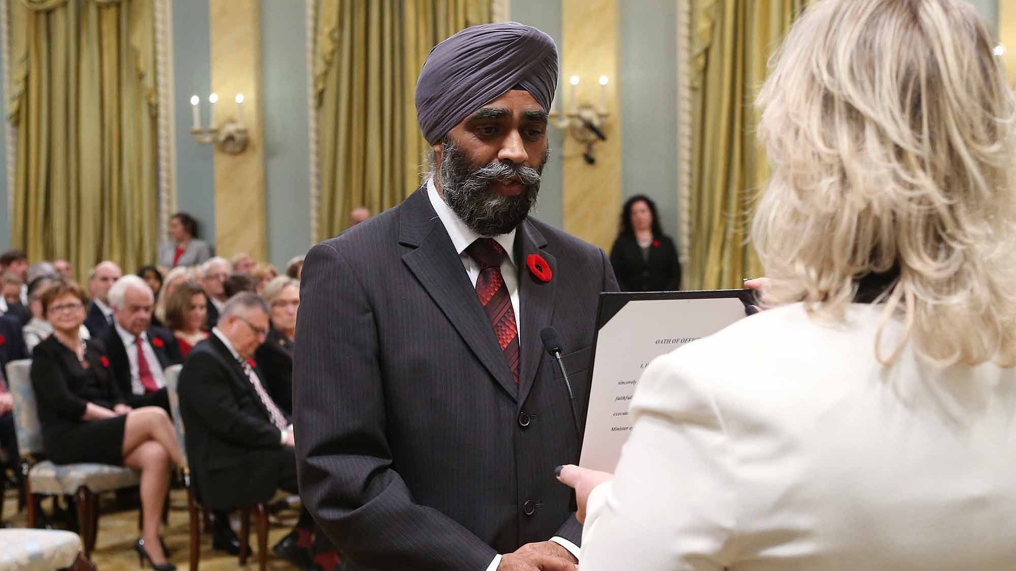 Canada’s new National Defence Minister Harjit Sajjan is sworn-in during a ceremony at Rideau Hall in Ottawa. (Photo: Reuters)