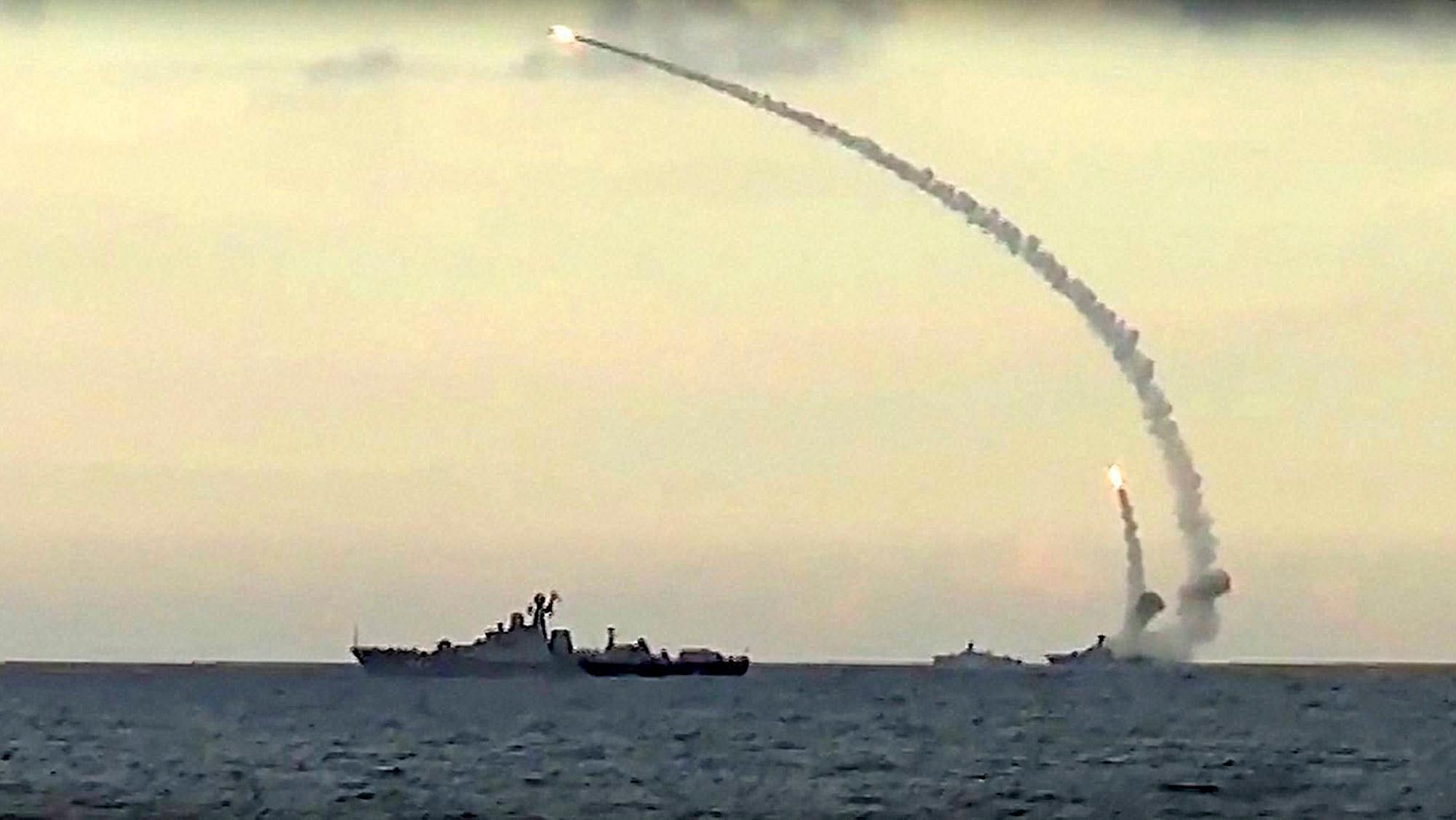 Russian Defence Ministry photo of navy ships launching cruise missiles at targets in Syria from the Caspian Sea on 20 November 2015. (Photo: PTI)