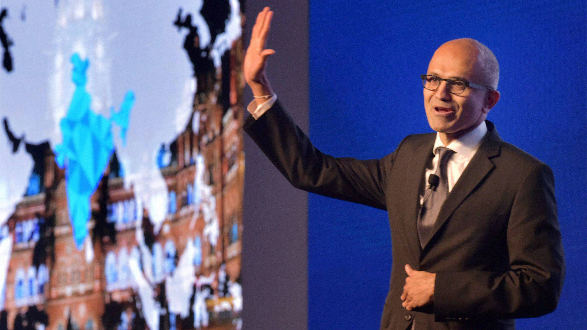 Microsoft CEO Satya Nadella gestures while delivering a keynote address at Microsofts Future Unleashed event in Mumbai on Thursday. (Photo: PTI)
