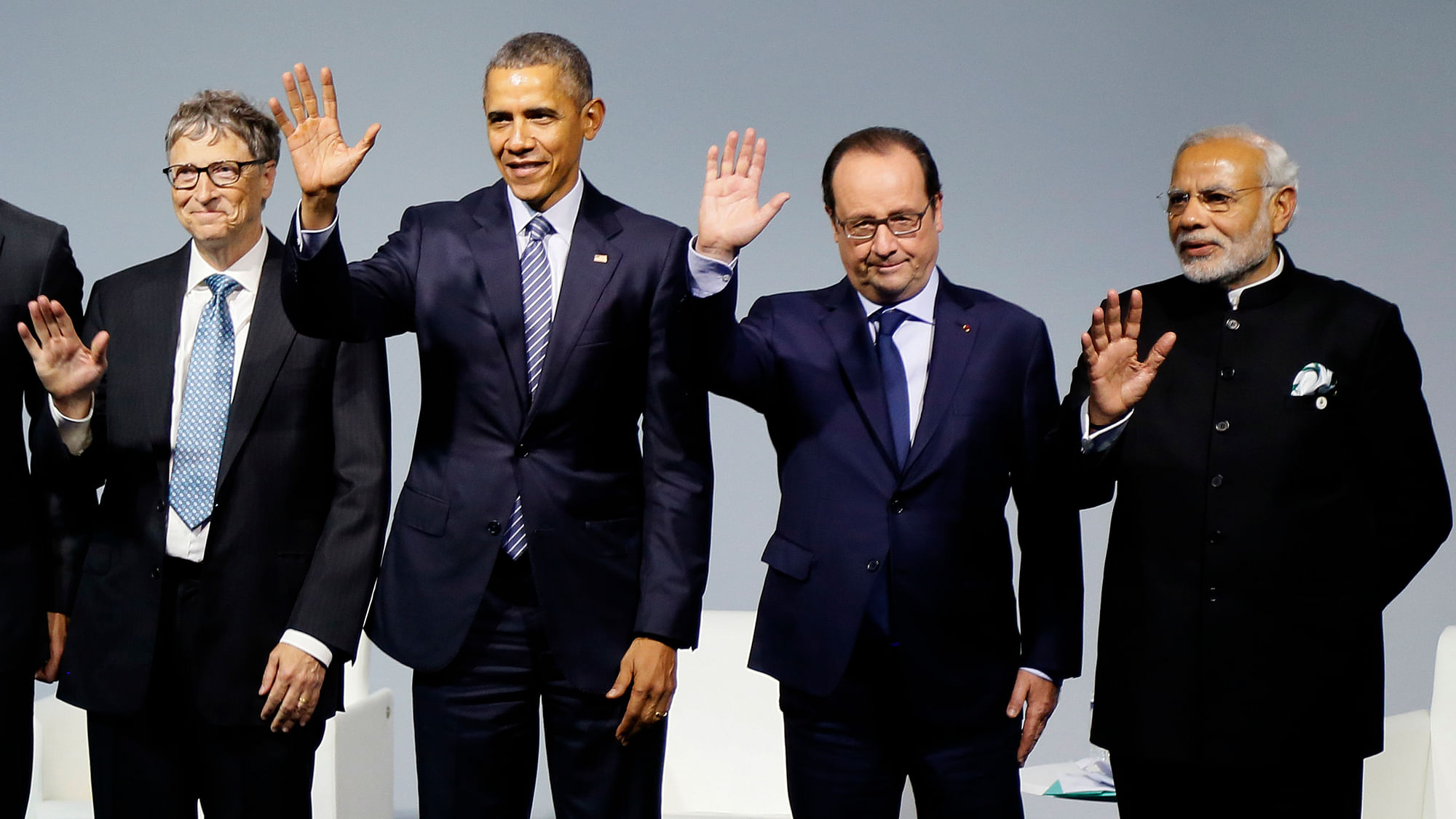 (L to R) Microsoft CEO Bill Gates, US President Barack Obama, French President Francois Hollande and Indian Prime Minister Narendra Modi at the COP21, United Nations Climate Change Conference, in Paris, Monday, Nov 30 2015. (Photo: AP)