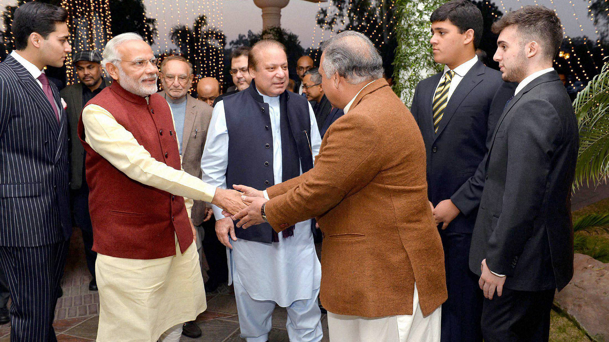 Prime Minister Narendra Modi is greeted at the residence of his Pakistani counterpart Nawaz at Raiwind in Lahore on Friday. (Photo: PTI)