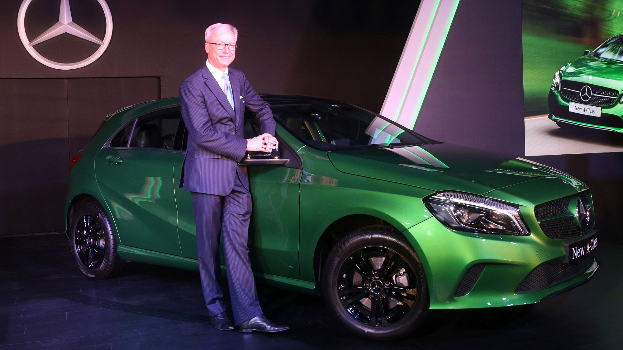 Roland Folger, managing director &amp; CEO, Mercedes-Benz India with the new A-Class. (Photo Courtesy: Mercedes India)