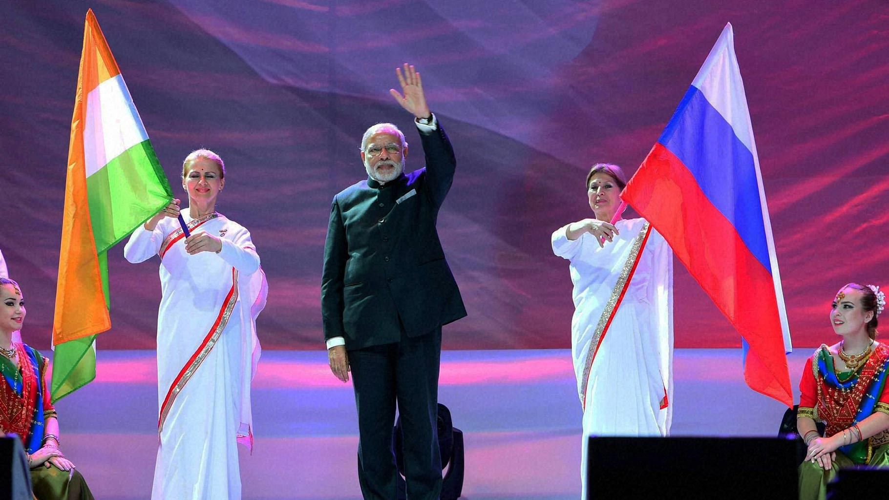 PM Modi at the Friends of India event on December 24 in Moscow, Russia. (Photo: PTI)