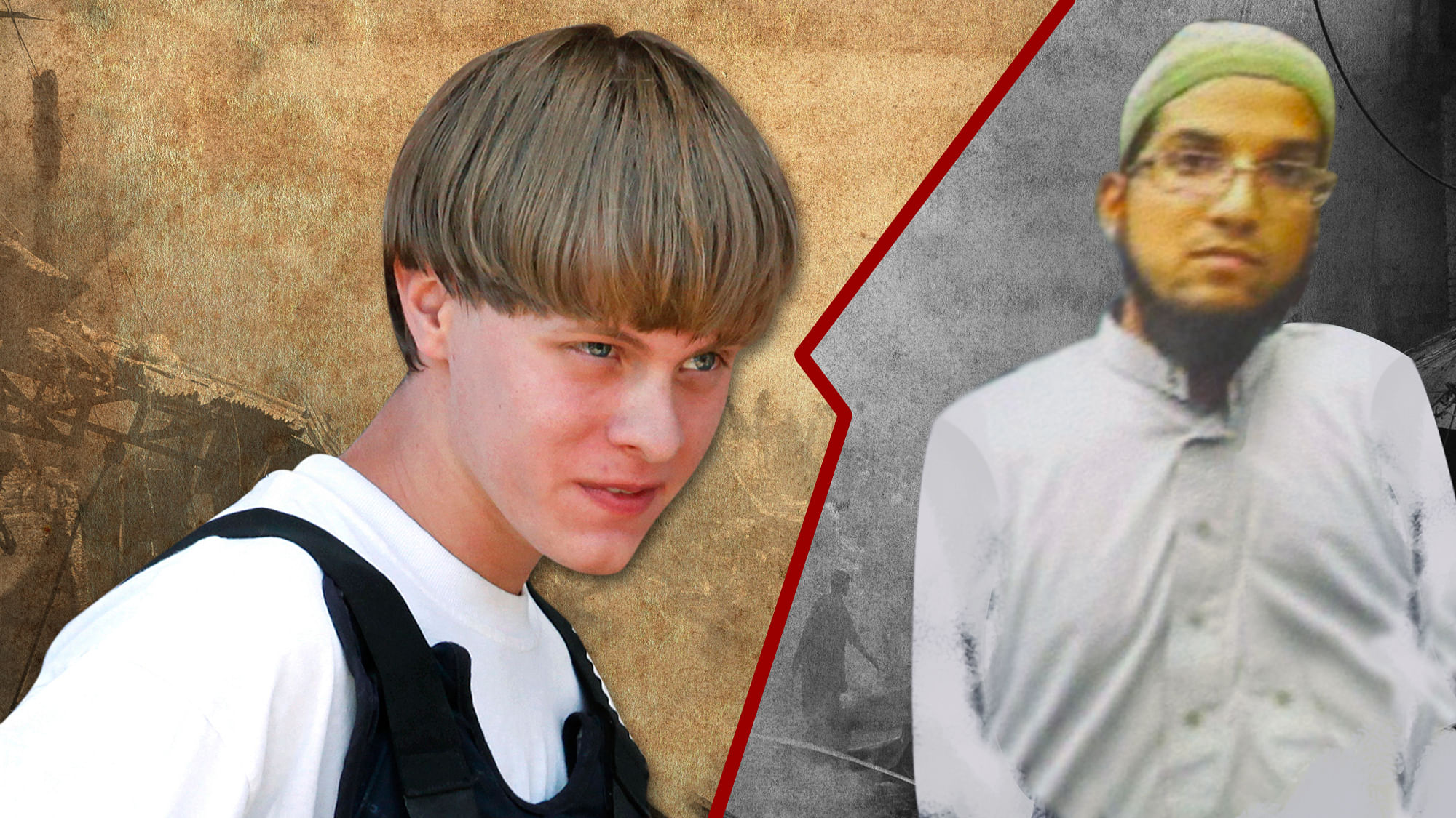 Dylann Roof (L) and Syed Rizwan Farook (R). (Photo: AP/This image has been altered by <b>The Quint</b>)