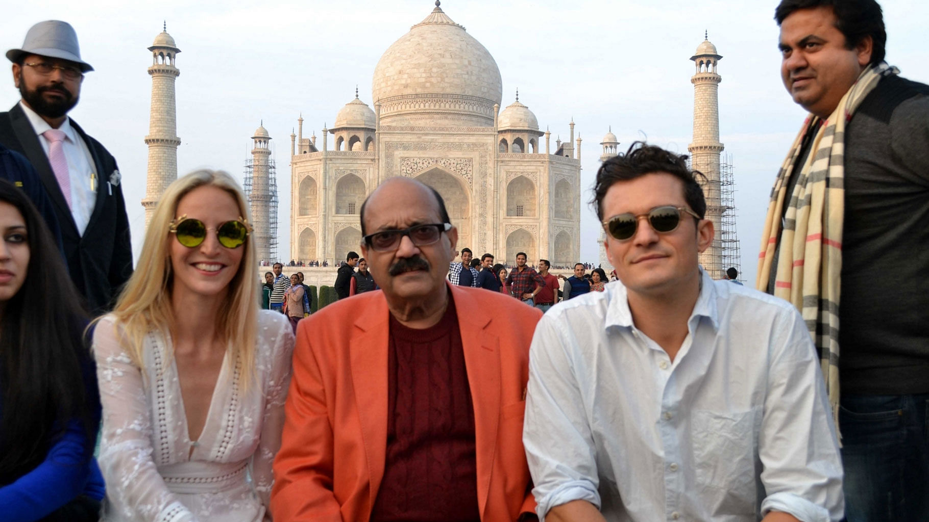 Actor Orlando Bloom with former Samajwadi Party leader Amar Singh at the Taj Mahal in Agra, on Sunday. (Photo: IANS)