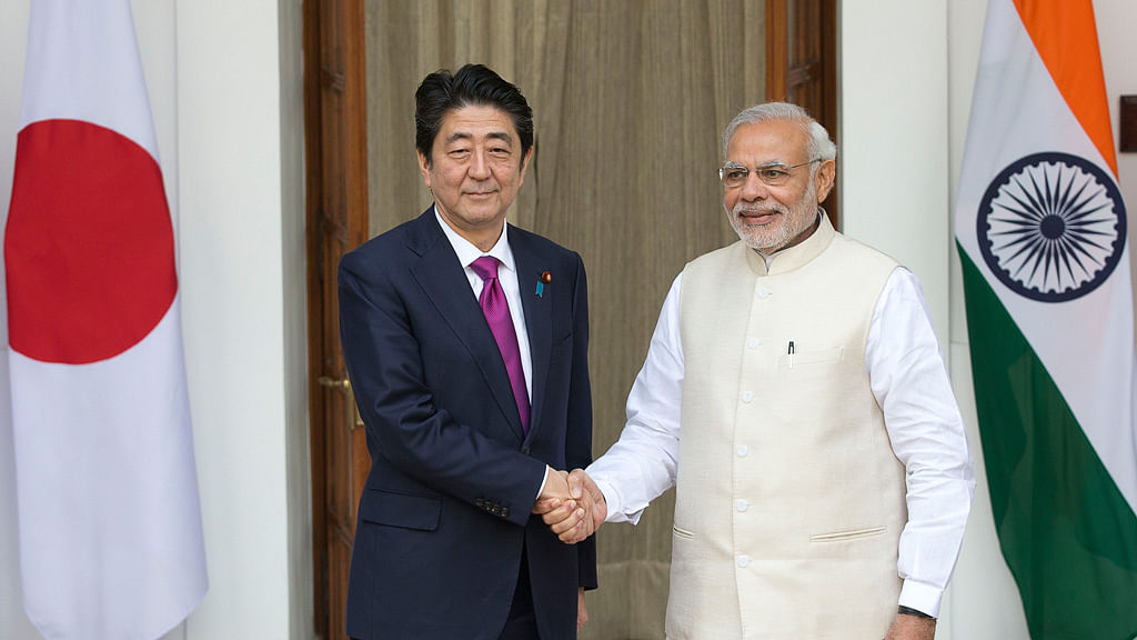 File Photo: Indian Prime Minister Narendra Modi with his Japanese counterpart, Shinzo Abe,  in New Delhi.&nbsp;