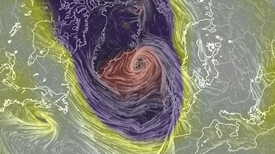 Visualisation of the air pressure and wind circulation around an intense storm near Iceland on Wednesday. (Photo Courtesy: <a href="http://mashable.com/2015/12/28/freak-atlantic-storm-uk-frank/#8Hlts4pFjaqY">Mashable</a>)