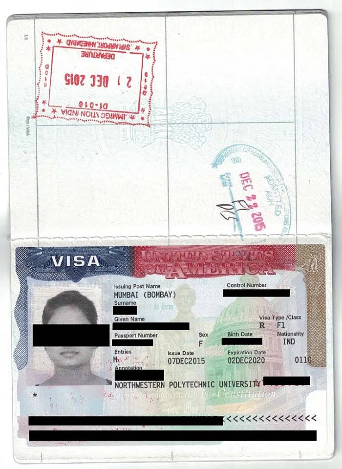 Example of an F1 visa issued. 