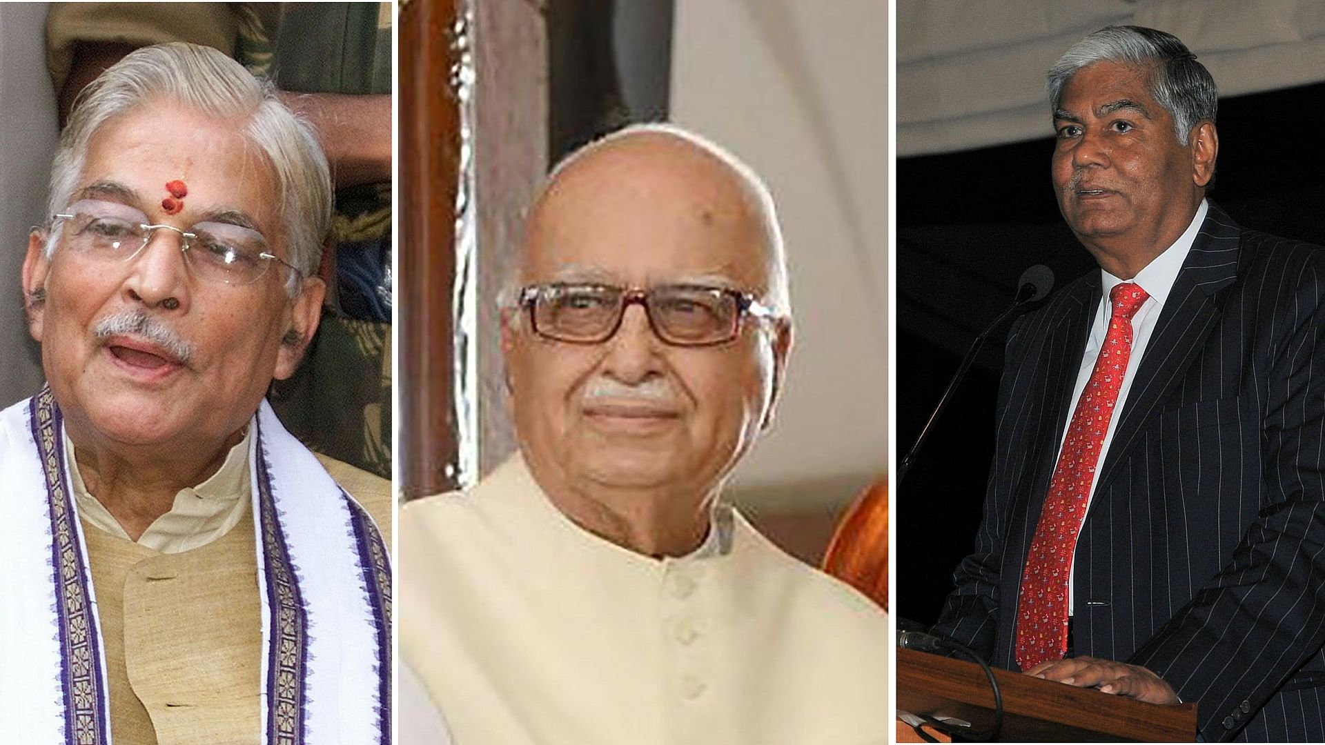 BJP veterans Murli Manohar Joshi, LK Advani and Yashwant Sinha. (Photo altered by The Quint)&nbsp;