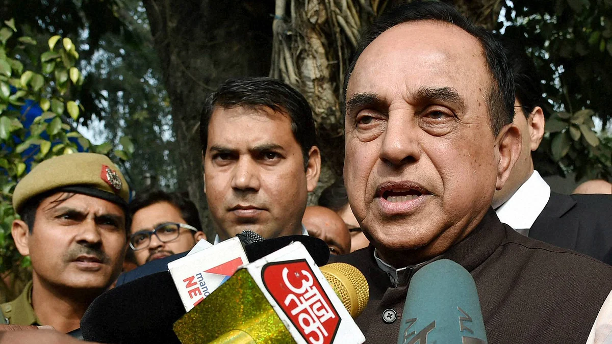 BJP leader Subramanian Swamy addressing to media outside Patiala house court in New Delhi (Photo: PTI)