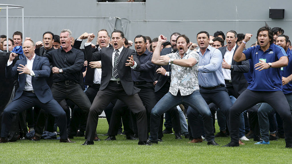 Former and present All Black’s perform a Haka as former All Black Jonah Lomu’s casket is carried out of Eden Park during his memorial service in Auckland, New Zealand on Monday. (Photo: Reuters)