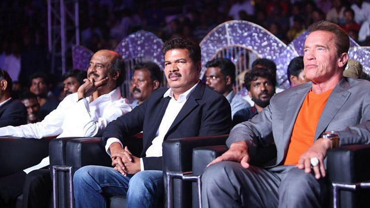 Rajinikanth, filmmaker Shankar and Arnold Schwarzenegger at the audio launch of <i>I </i>(Photo courtesy: 