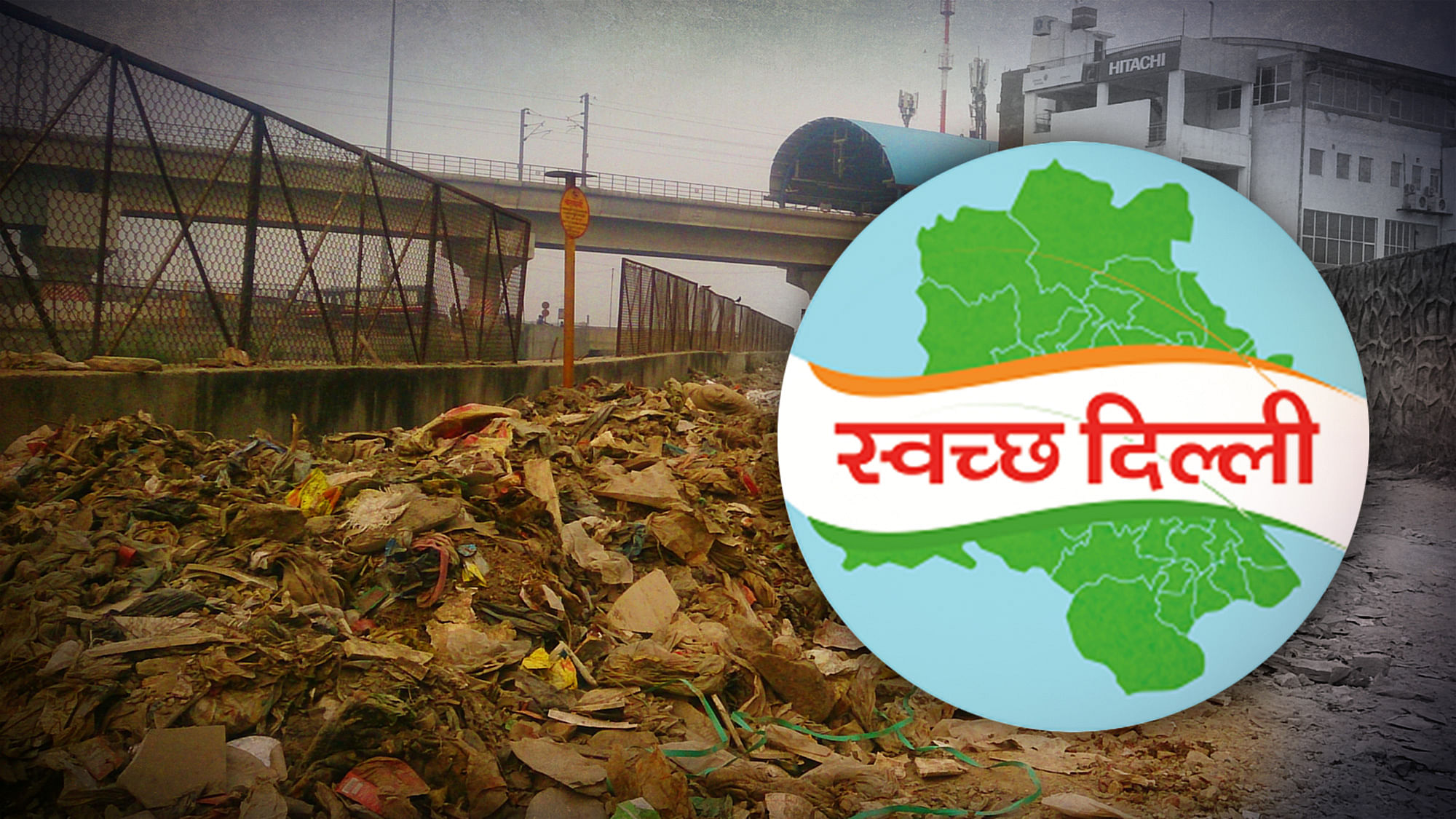 Garbage dumped near a metro station in east Delhi’s New Ashok Nagar Area. (Photo: <b>The Quint</b>)