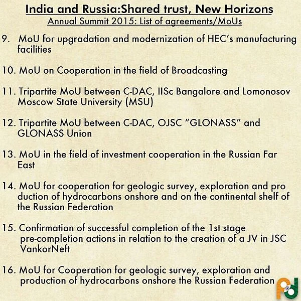 Agreements between India and Russia. (Photo: <a href="https://twitter.com/MEAIndia/status/680057751704342528">Twitter</a>)