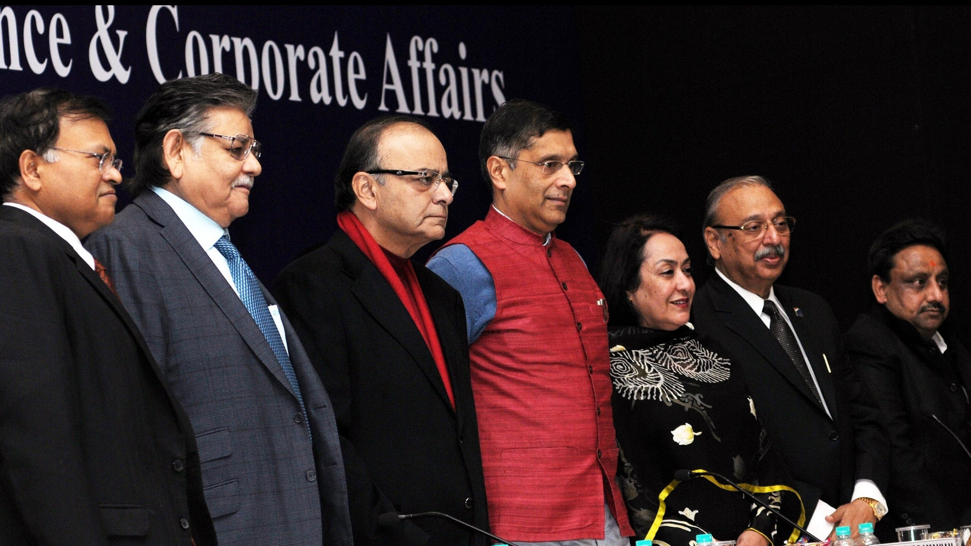 Finance Minister Arun Jaitley (3rd left) with Chief Economic Advisor Arvind Subramaniam (centre). (Photo: IANS)