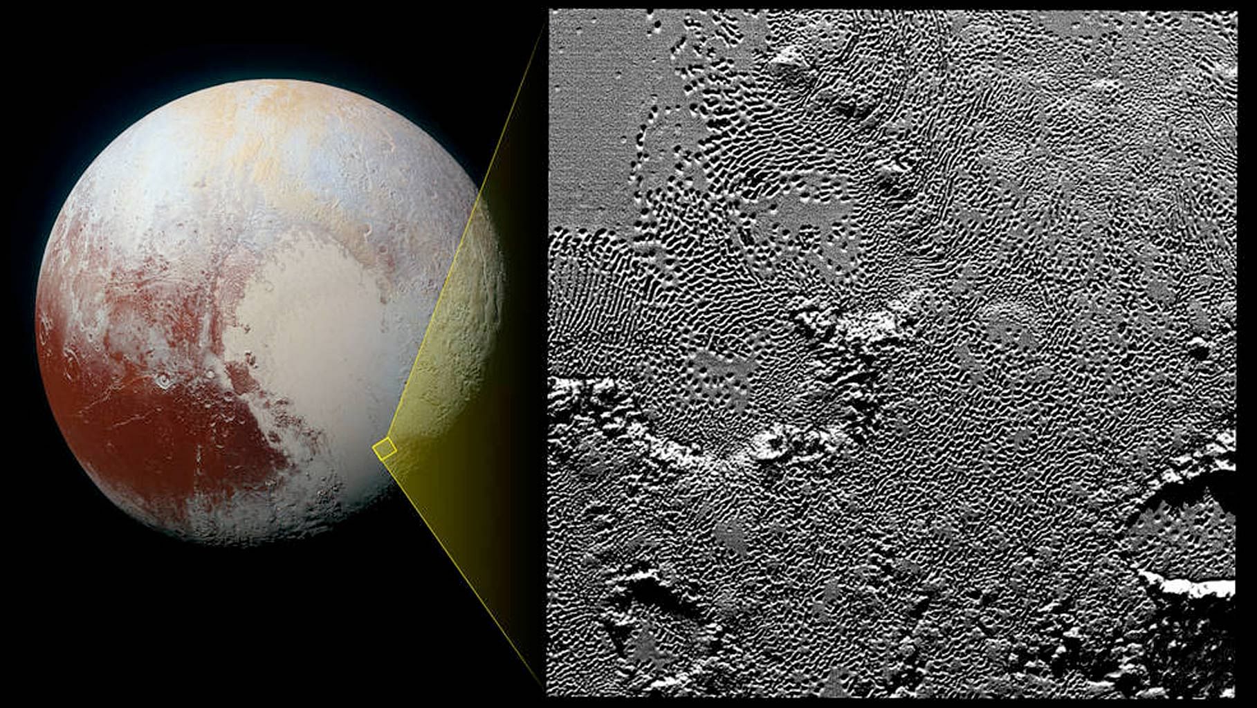 Intricate pattern of “pits” across Tombaugh Region of Pluto’s prominent heart-shaped region, informally named. (Photo: NASA)