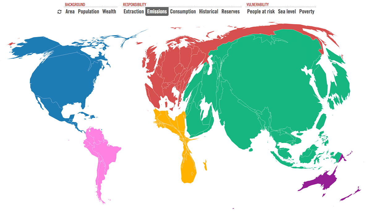 This interactive, animated map allows us to find out which nation and continent contributes the most to emissions.