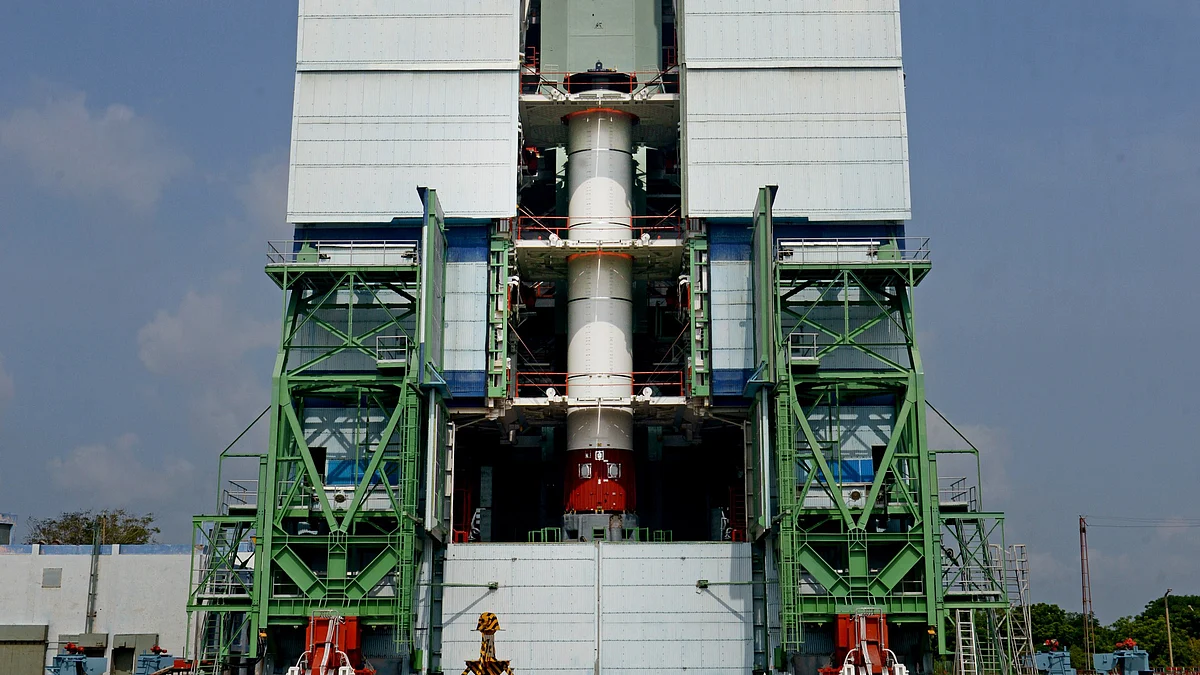 A PSLV rocket during the integration of the first stage at Mobile Service Tower (Photo Courtesy: ISRO)
