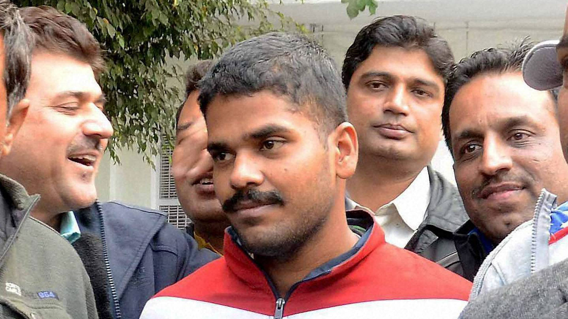 Dismissed Air Force official Ranjith (C) who has been arrested for allegedly sharing secret documents with intelligence operatives backed by Pakistan’s ISI, at the Special Cell of the Delhi Police in New Delhi on Tuesday. (Photo: PTI)&nbsp;