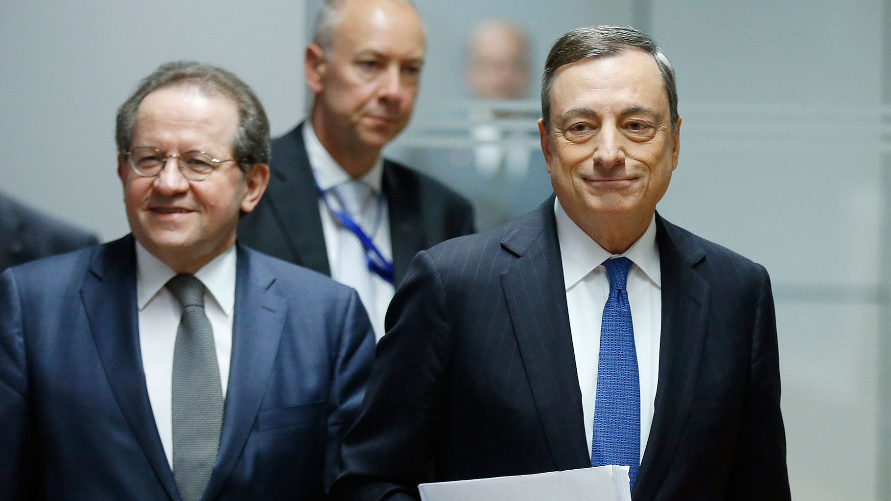 President of European Central Bank Mario Draghi (right) and vice president Vitor Constancio  following a meeting of the governing council in Frankfurt, Germany. (Photo: AP)