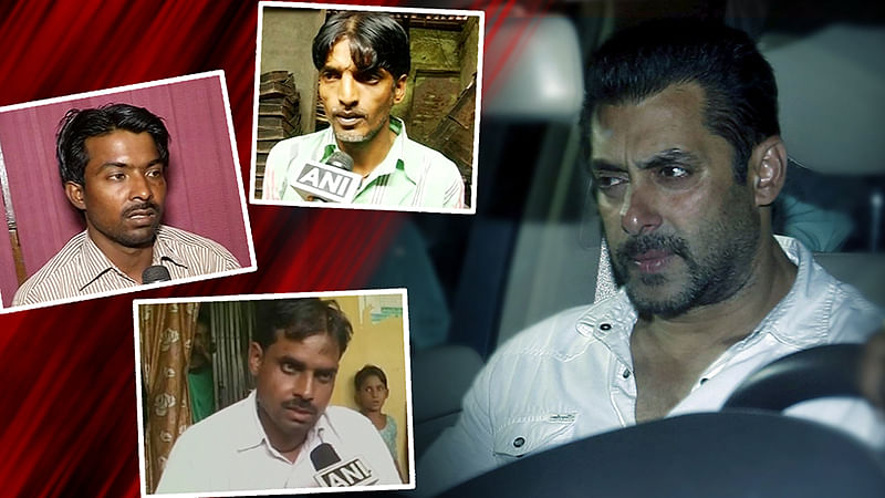 Salman Khan (right) with pictures of those who were injured in the accident. (Photo: Reuters, ANI)