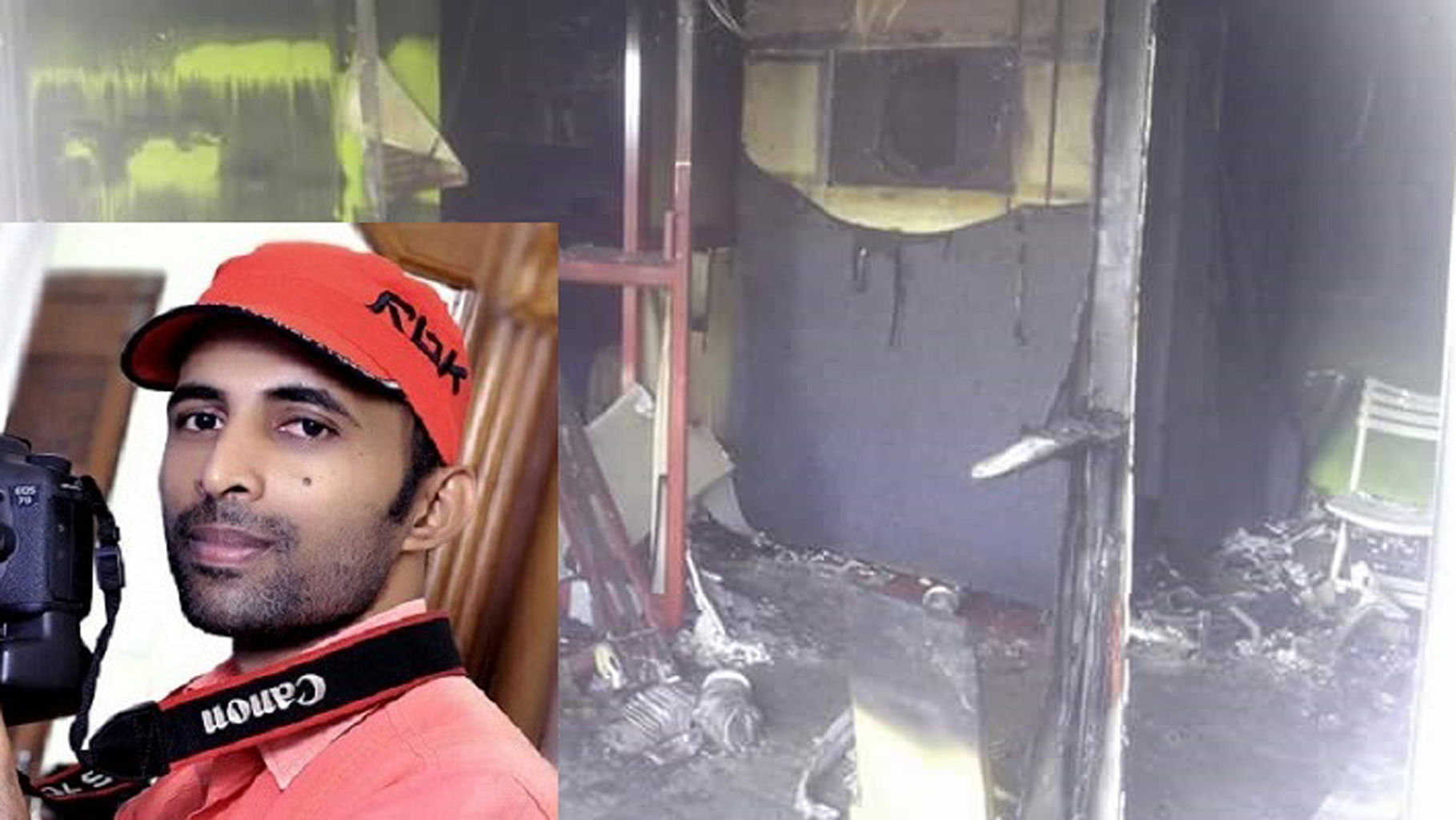 Rafeeque and his burned down studio. (Photo: TNM)