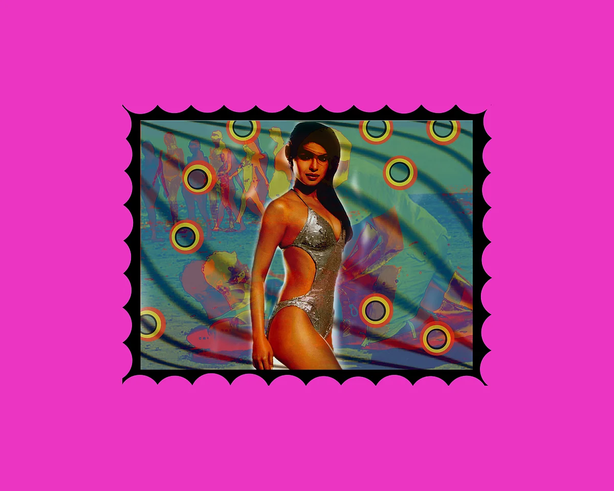 A portrait of Bollywood actress Priyanka Chopra, highlighting her swimsuit publicity still from the movie <i>Dostana. </i>(Photo provided to the <b>The Quint</b> by Khalid Mohamed)