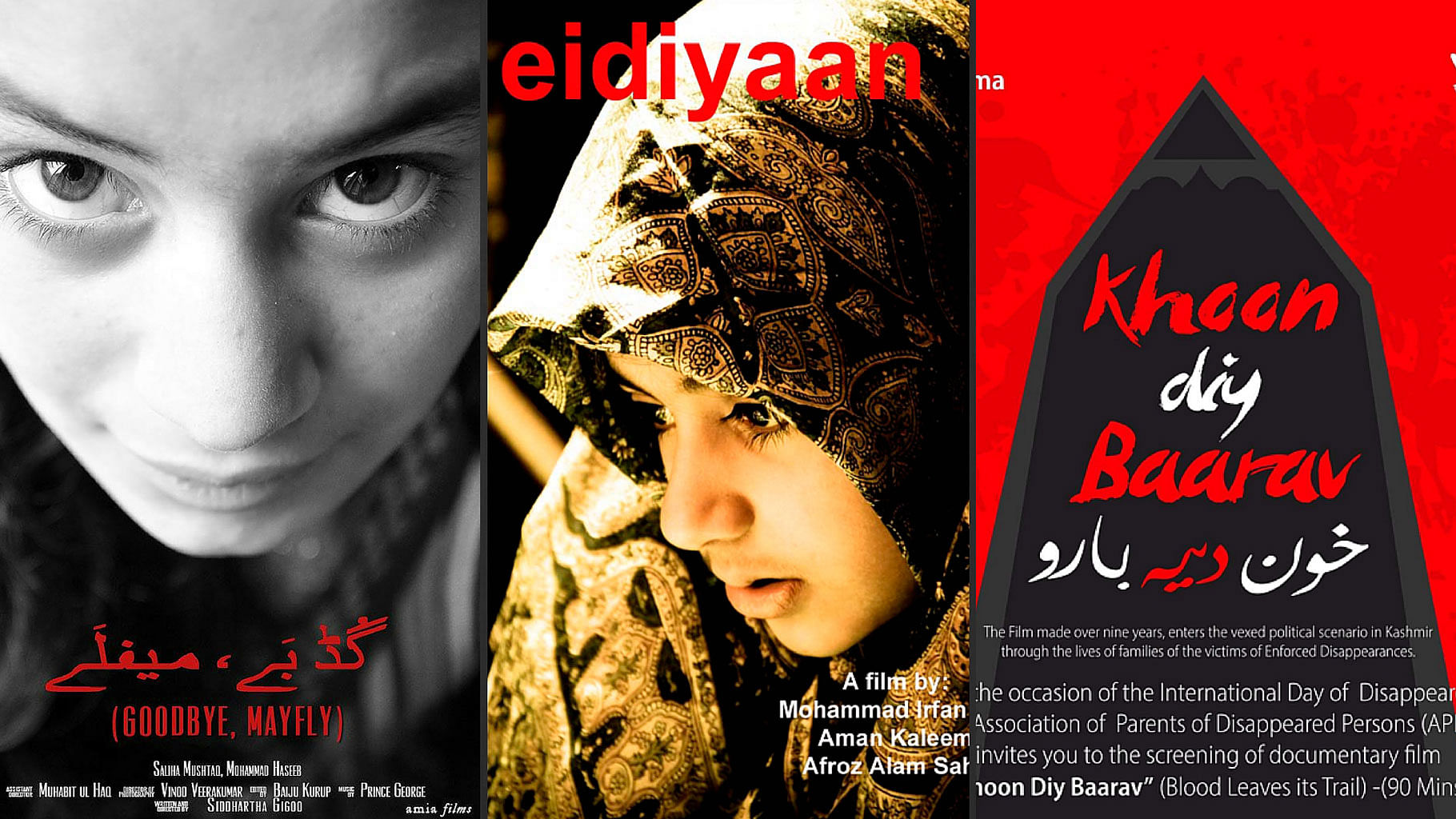 Posters of <i>Goodbye Mayfly,</i> <i>Eidiyaan</i>, and <i>Khoon Diy Baarav</i>. (Photo altered by <b>The Quint</b>)