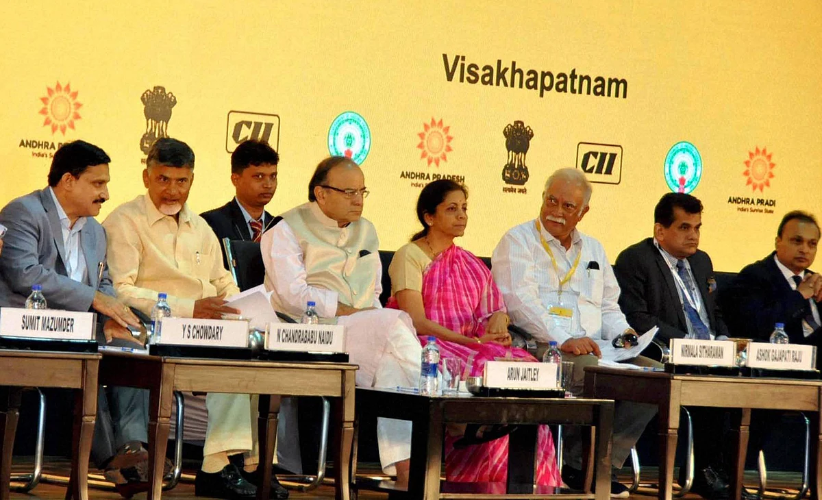 Chief Minister of Andhra Pradesh Chandra Babu Naidu, Union Minister Arun Jaitley, Anil Ambani and others during inaugural session of partnership summit -2016 at Visakhapatnam on Sunday. (Photo: PTI)