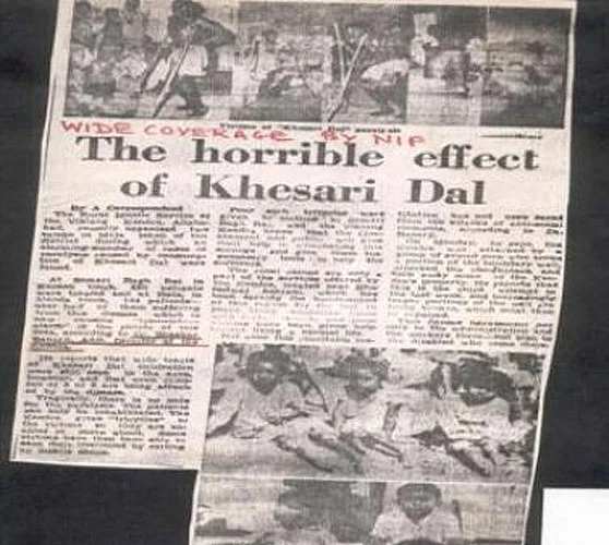 Newspaper clipping of a story on the harmful effects of Khesari dal. (Photo Courtesy: <a href="http://www.jimars.org/gallery.php?page=8">JIMARS</a>)