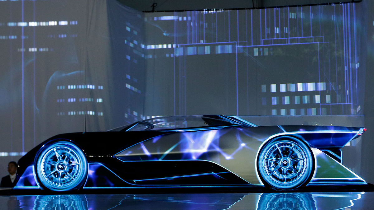 California-based Faraday Futures debuted its sleek electric concept racecar at the annual CES show 2016.