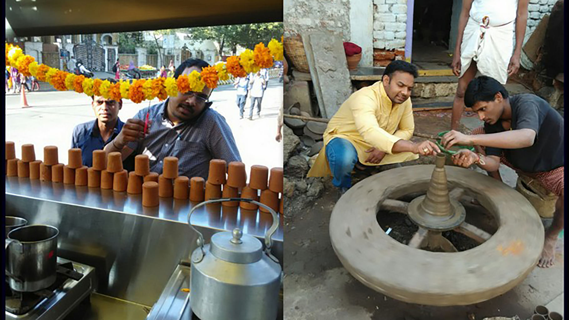 The tea stall (left) and the pots being made. (Photo: The News Minute)