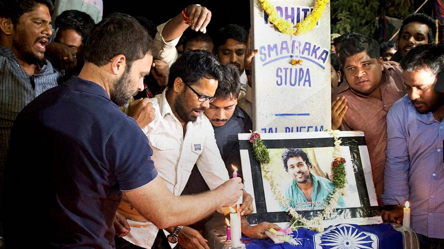 Rahul Gandhi at the Hyderabad University with protesting students. (Photo: PTI)