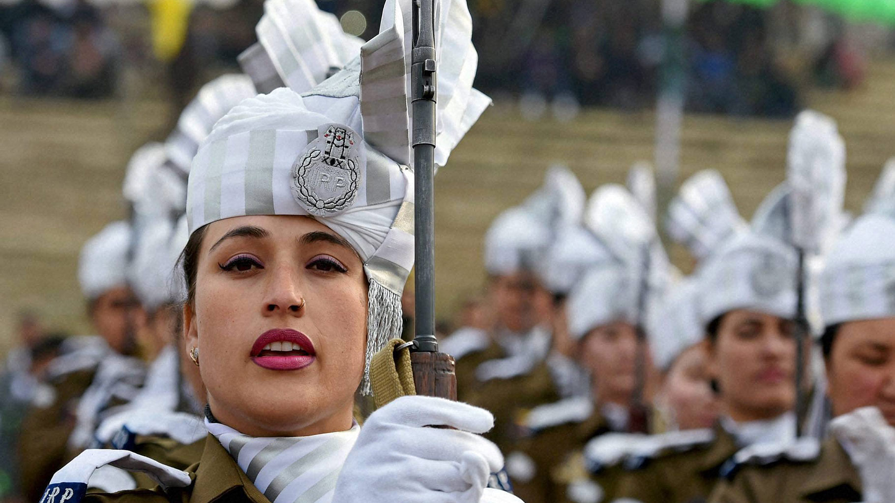  Women contingent of Indian Reserve Police marching past during the 67th Republic Day parade at Bakshi Stadium in Srinagar. (Photo: PTI)