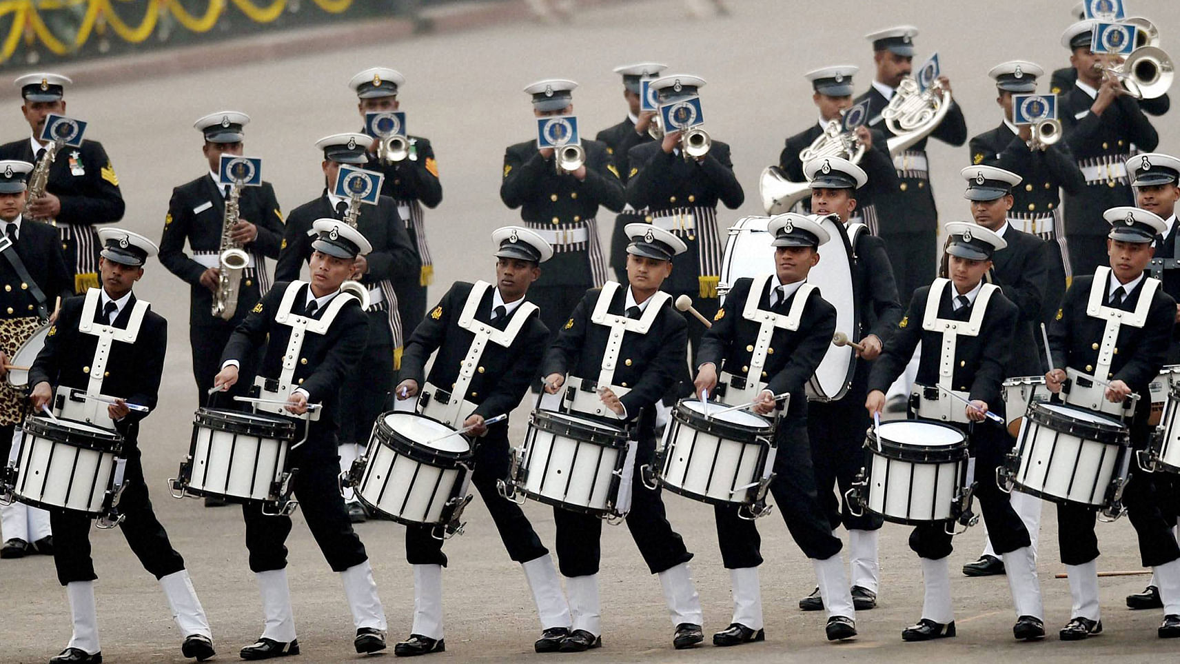 The Naval brass band performs during the Beating Retreat ceremony at Vijay Chowk in New Delhi on Friday. (Photo: PTI)